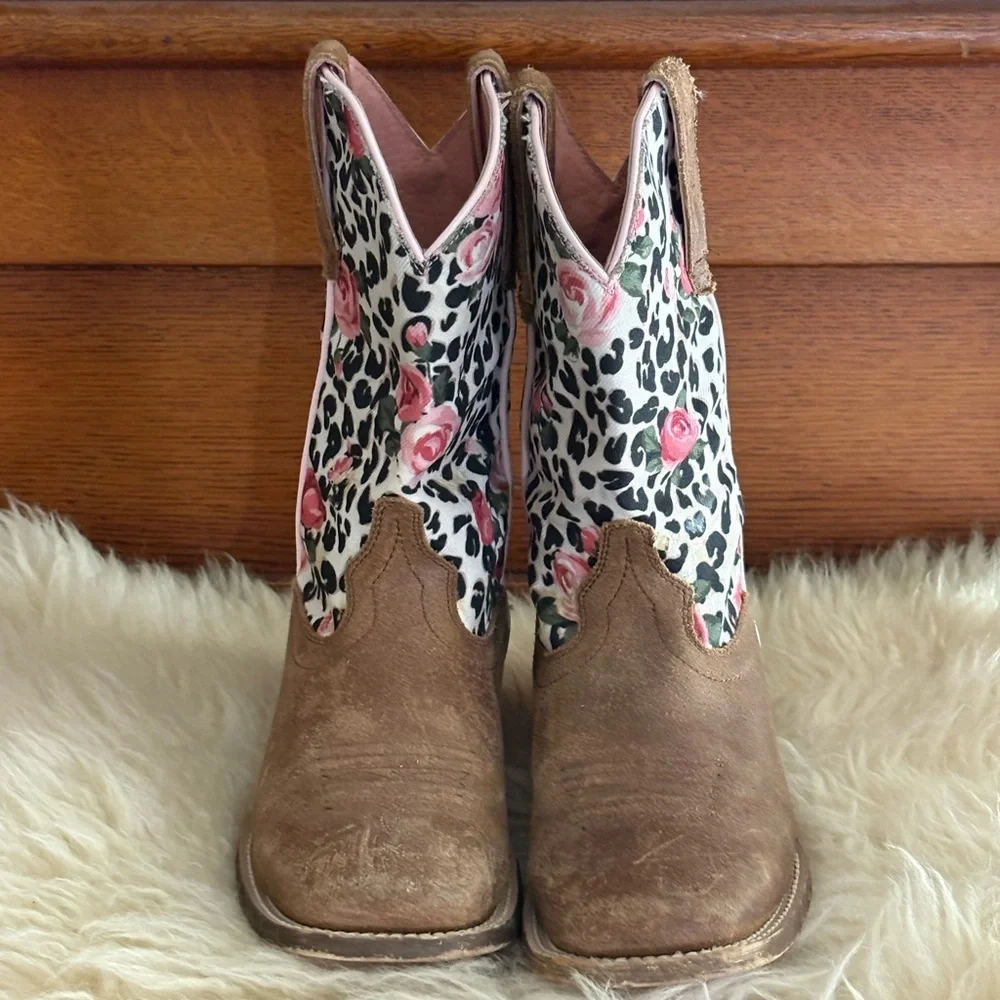 Ariat Kids Gringa Toddler Western Brown Leather Leopard and Rose Print Boots